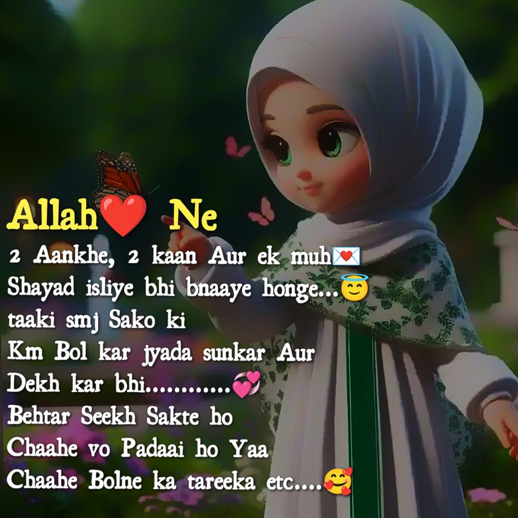Allah❤ Ne 2 Aankhe, 2 kaan Aur ek muh💌
isliye bhi bnaaye honge..........😇
taaki smj Sako ki
Km Bol kar jyada sunkar Aur 
Dekh kar bhi............💞
Behtar Seekh Sakte ho 
Chaahe vo Padaai ho Yaa 
Chaahe Bolne ka tareeka etc...🥰
